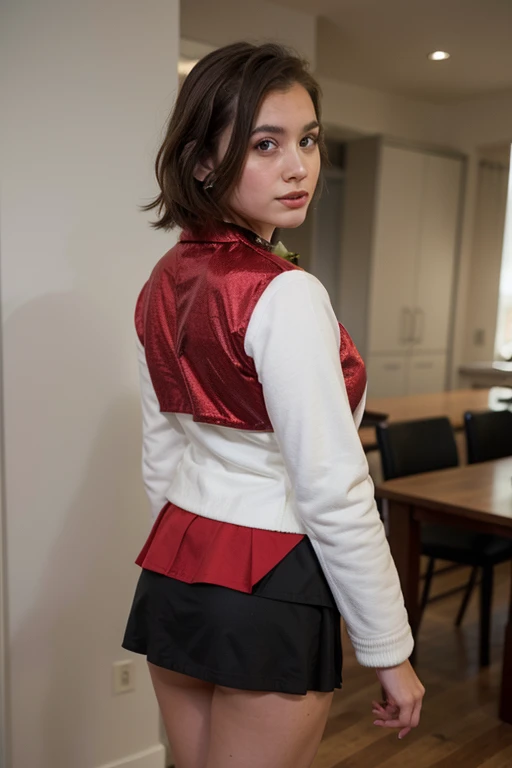 a young woman with fairly short brown hair and white skin. View from head to toe on this girl and this outfit which is a Christmas jacket with a fairly short skirt in red, white and black. Who is sweet with a black belt, a red and white jacket and a red and white mini skirt