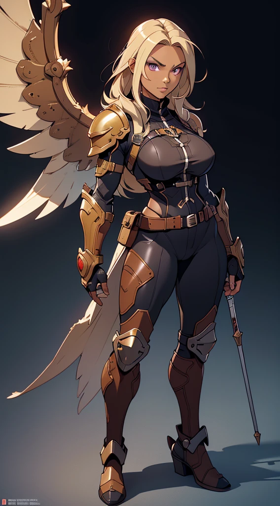 Generates a detailed image of an adult woman with brown skin, brown skin tone, blonde hair, and purple eyes. Imagine that you are wearing an aviator vest, with every detail such as buttons and pockets. His chest armor shows a red circle with a black D, highlighting textures and reliefs. The falcon claws on your feet should be sharp and blend organically. Make sure you capture the hard essence in the fusion of facial features and expressions. The chest armor features a red circle with the letter D in black, highlighting a careful design with elegant lines and subtle engravings. The surface reflects a metallic shine, accentuating the durability of the armor. Embossed textures around the emblem provide an artistic touch, while the ergonomic fit ensures mobility without compromising protection. The combination of aesthetic and functional elements merges harmoniously in this unique piece. With metal falcon wings.
