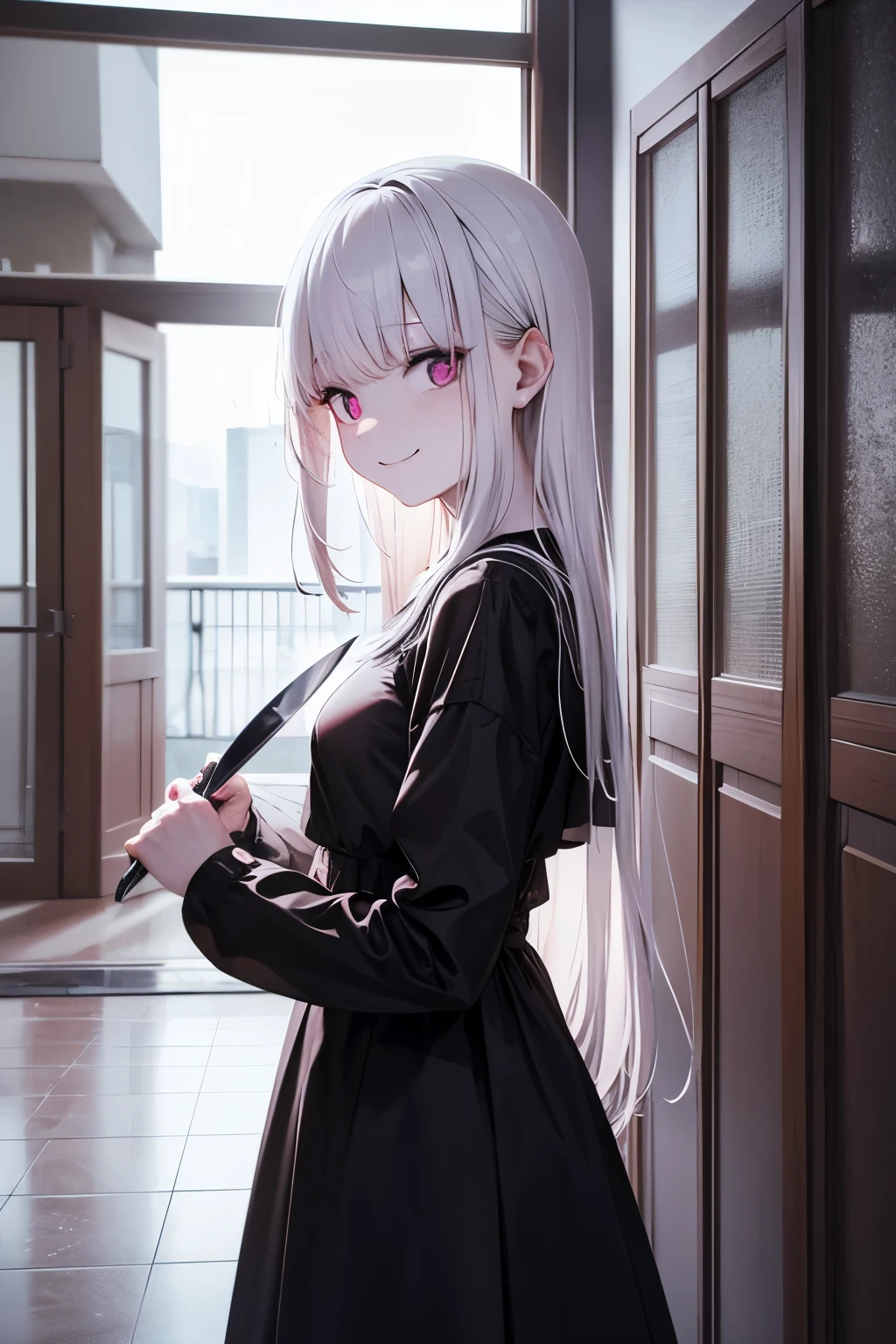 Scary girl、He looks at us with a knife in his hand and smiles、Room corridor、Ultra-high image quality、high resolution、8K、16K、Live action、bloodthirsty、Believe