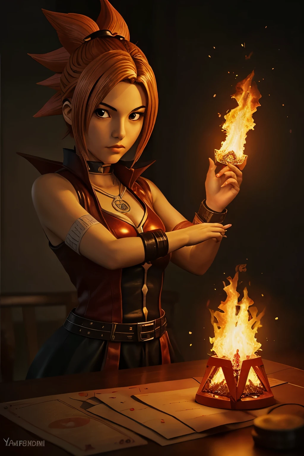 Crie imagem para um jogo de carta estilo yu-gi-oh, fire element letter with some background alchemist symbol