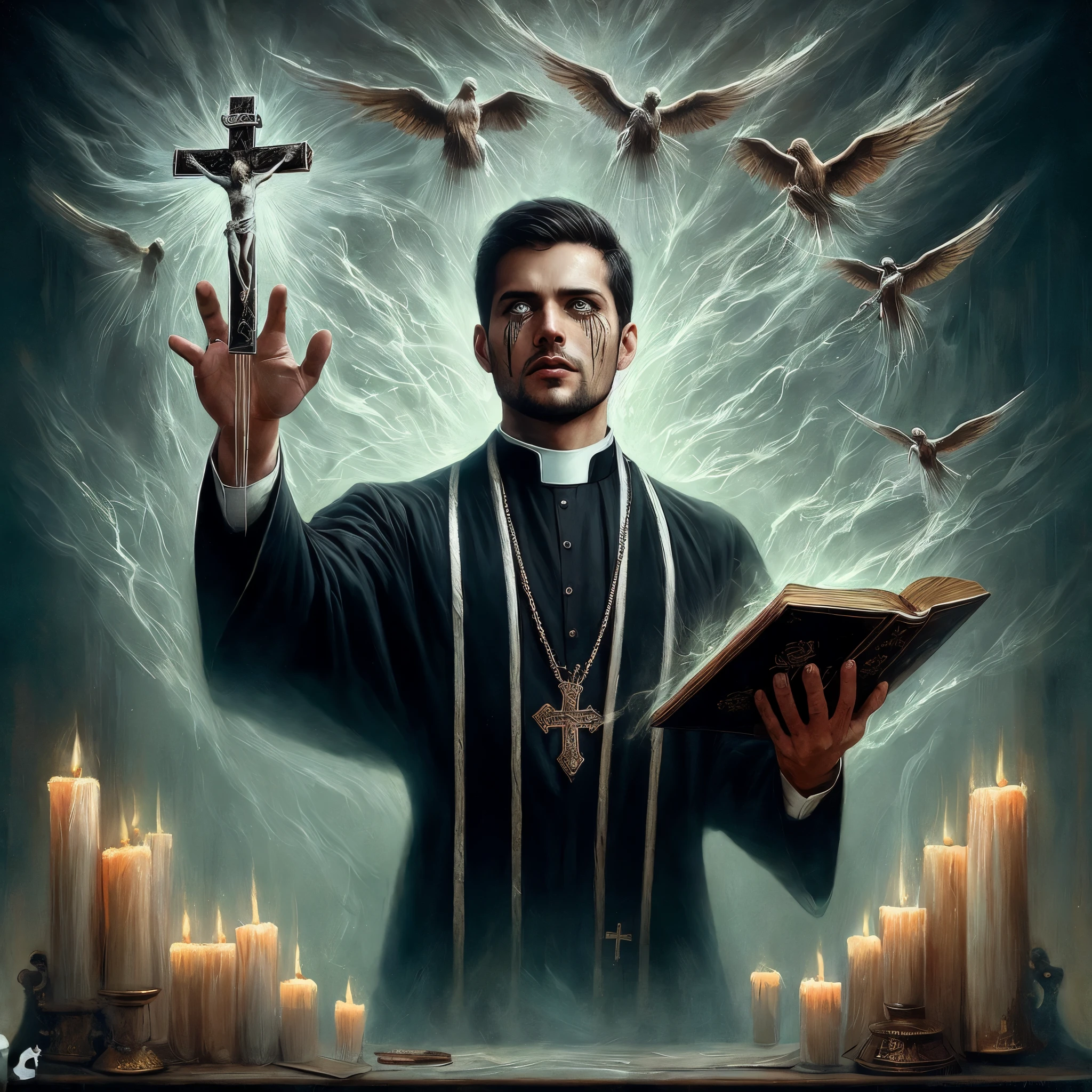 painting of a sacerdote holding a book and a cross with doves flying around, an evil Catholic sacerdote, sacerdote, exorcista, holy flame spell, detailed 3d gothic oil painting, scary horrifying satanic rituals, imagem assustadora espiritual, he is casting a lighting spell, Directed by: Eugeniusz Zak, Catholic, Guilherme H. Pongiluppi