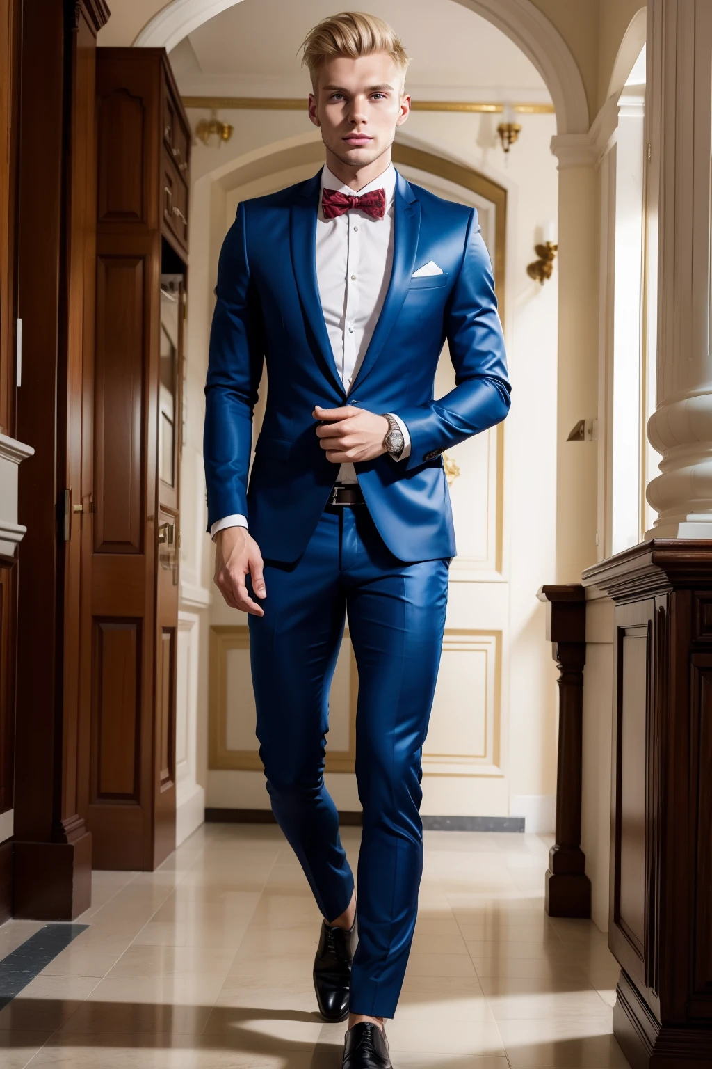 man from Poland 23 years old handsome, blond hair, suit, full body