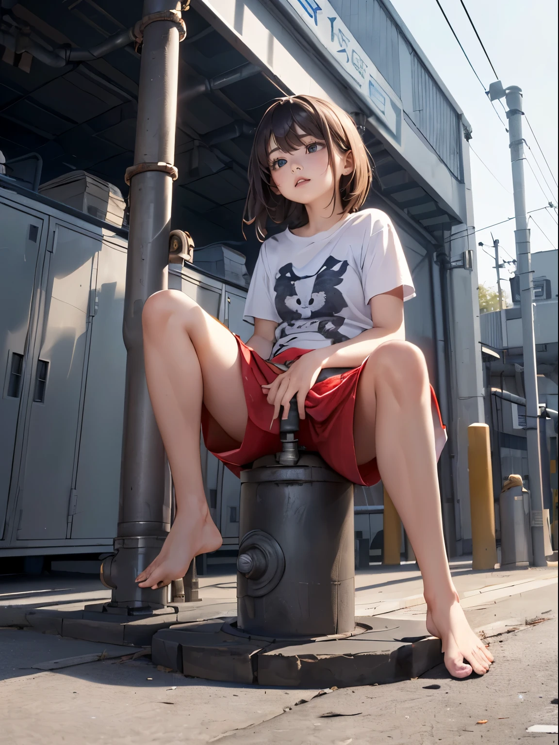 (drooping eyes, sleepy face, angle from below, realistic skin), (((straddle to hit her crotch against the installed pipe-bollard on the ground))), open legs, thin t-shirt, long skirt, outside of the factory area,