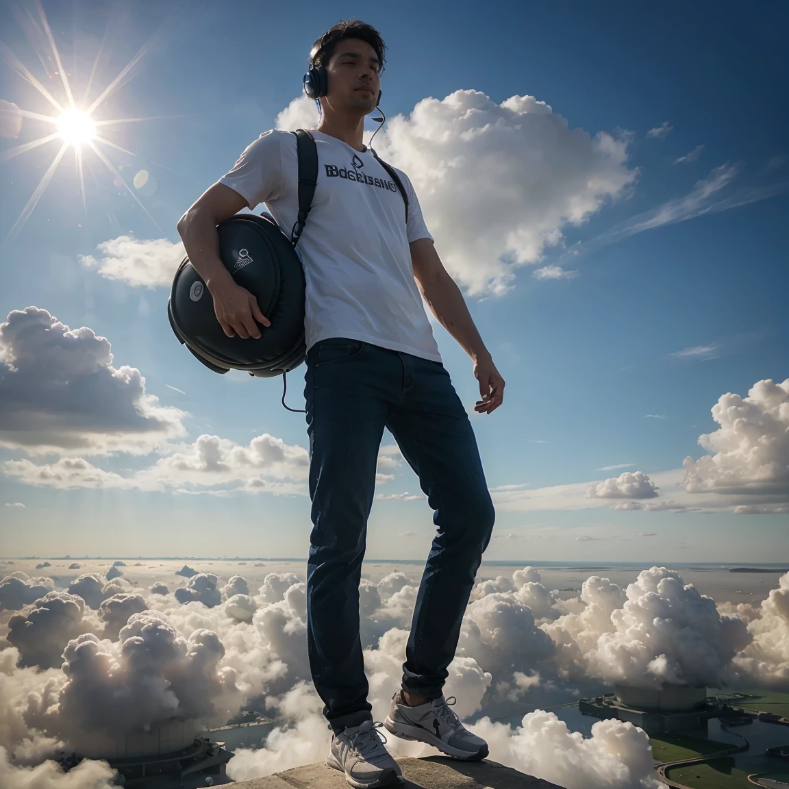 A men wearing headphones and stand on the cloud in front of boiling sun