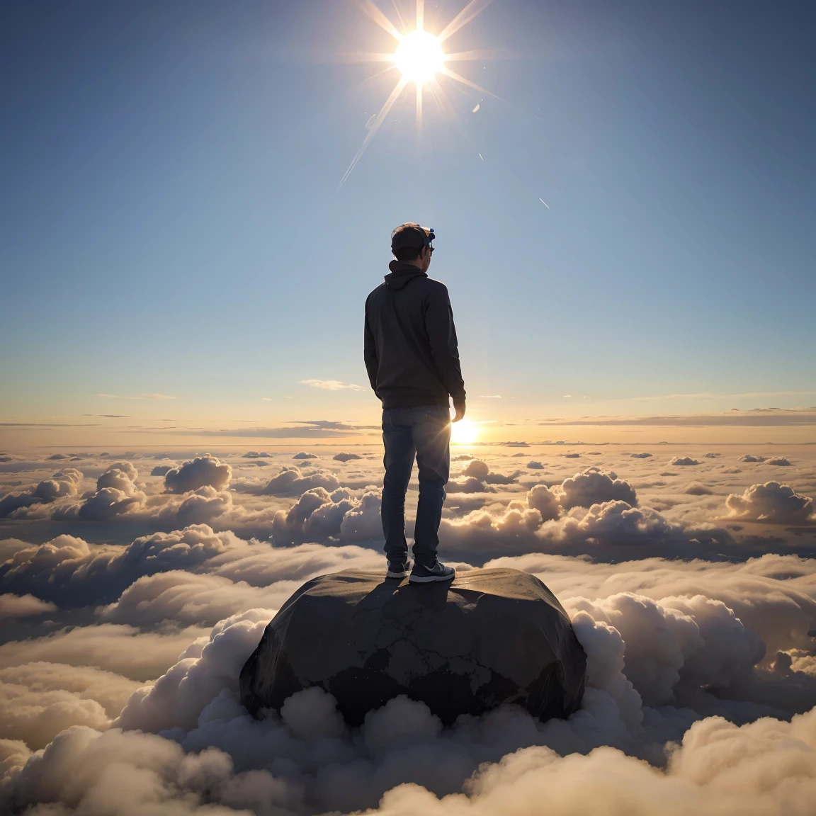 A men wearing headphones and stand on the cloud in front of boiling sun