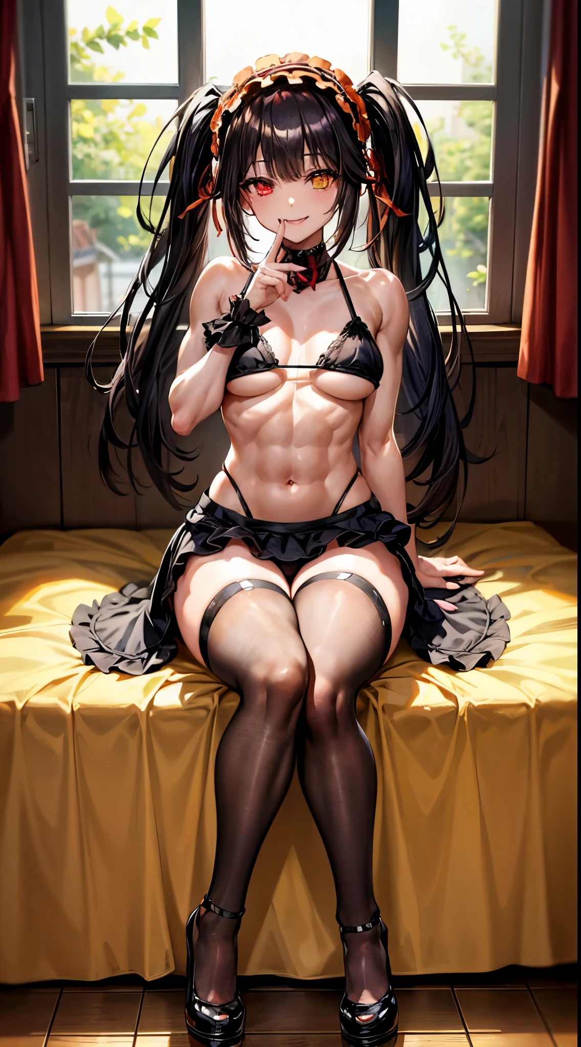 1 girl, bare shoulders, black hair, medium breasts, (muscular legs), muscular belly, wide hips, thin waist, (((clock eyes))), (wearing a very short and sexy bikini), finger to mouth, ( ((in the motel room))), full body, hairband, (sitting on the chair facing me with her legs crossed), heterochromia, index finger raised, black high-heeled shoes, ta hairband, hair long, red eyes, smiling, only, symbol-shaped pupils, (Kurumi tokisaki), (twintails), yellow eyes,