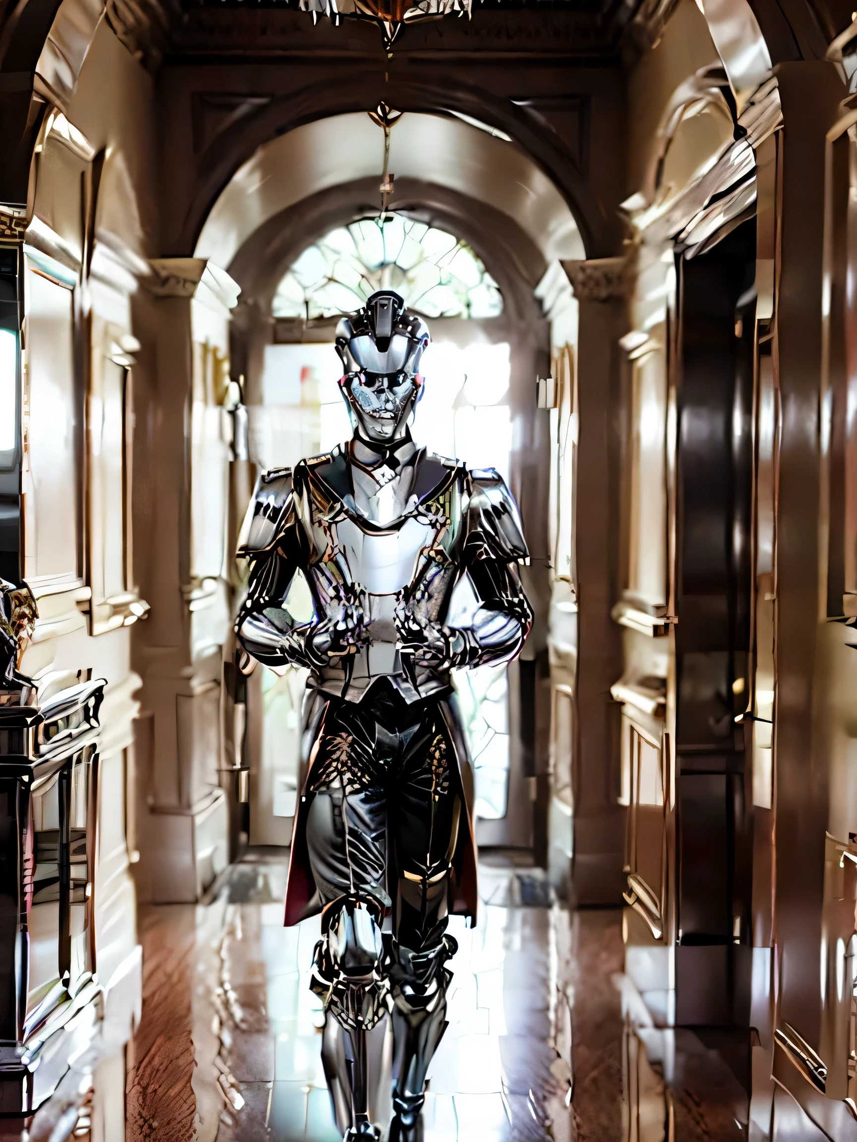 ((English butler uniform)) on a (chrome robot male), standing in the receiving entrance hallway of a grand house, behind is a grande mahogany curved staircase to the upper floor, metallic hands, robotic chrome head and hair,