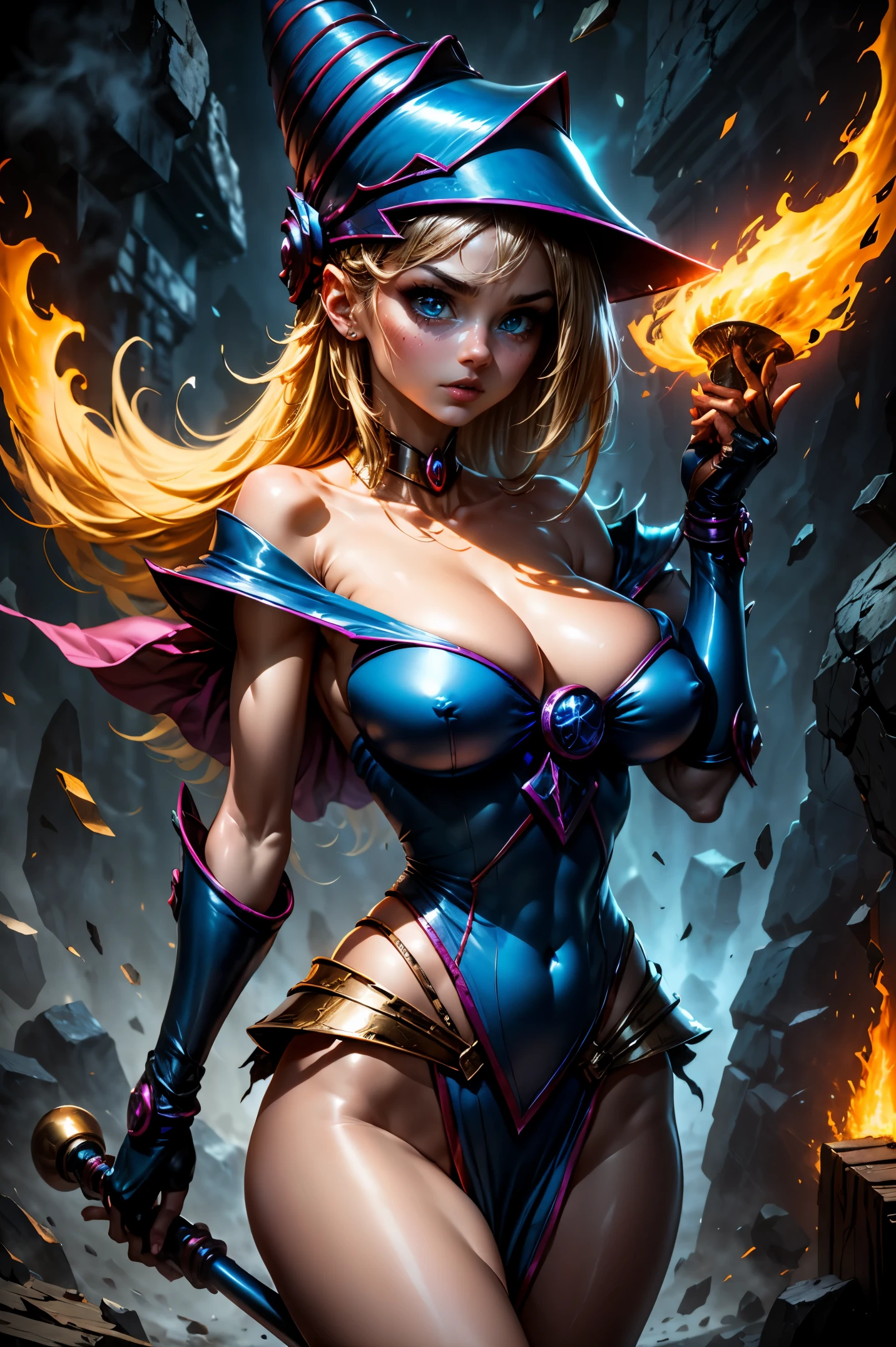 Dark magician gils en pose de pelea. Fondo de campo de batalla. Cuidad en ruinas, fuego, humo, fondo de guerra magica