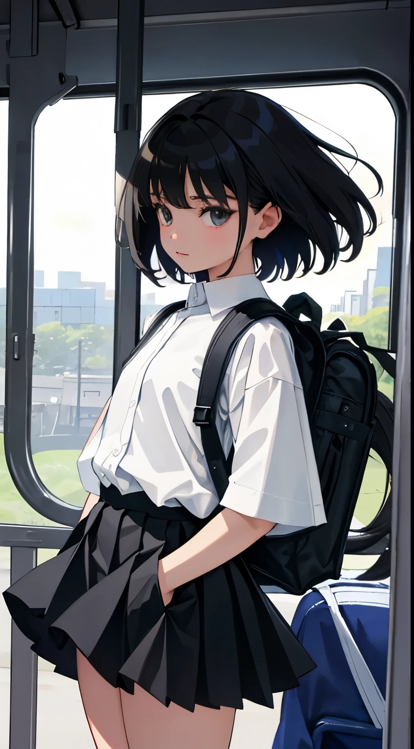 ()，（​masterpiece，Highest Quality），Black Rucksack，black pleated miniskirt，shortsleeves，A dark-haired，Twin-tailed，Summer Classroom，The wind is blowing，In the train car