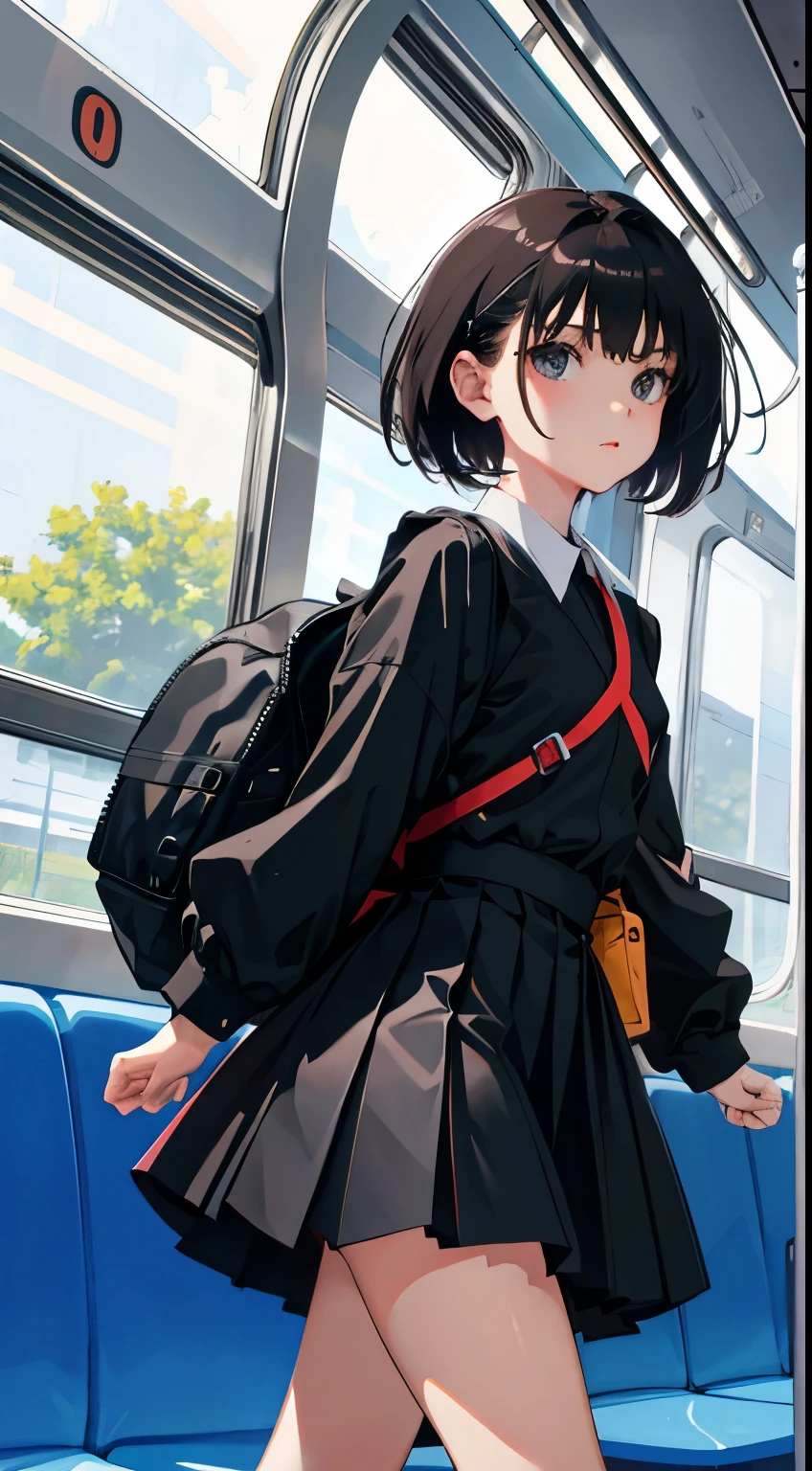 (child),(masterpiece,Highest Quality),Black Rucksack,black pleated miniskirt,shortsleeves,A dark-haired,Twin-tailed,Summer Classroom,The wind is blowing,In the train car