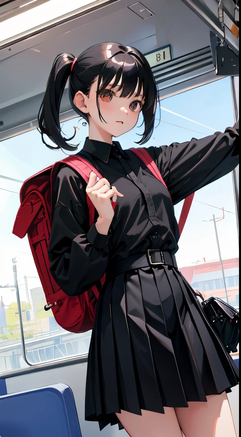 (child),(masterpiece,Highest Quality),Black Rucksack,black pleated miniskirt,shortsleeves,A dark-haired,Twin-tailed,Summer Classroom,The wind is blowing,In the train car
