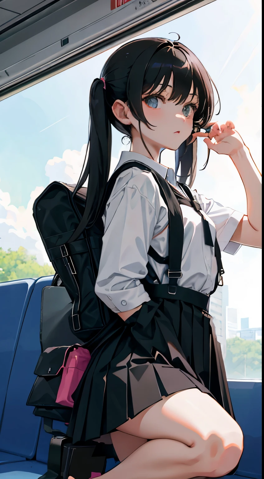 crouching down,(),(masterpiece,Highest Quality),Black Rucksack,black pleated miniskirt,shortsleeves,A dark-haired,long twintail,Summer Classroom,The wind is blowing,In the train car