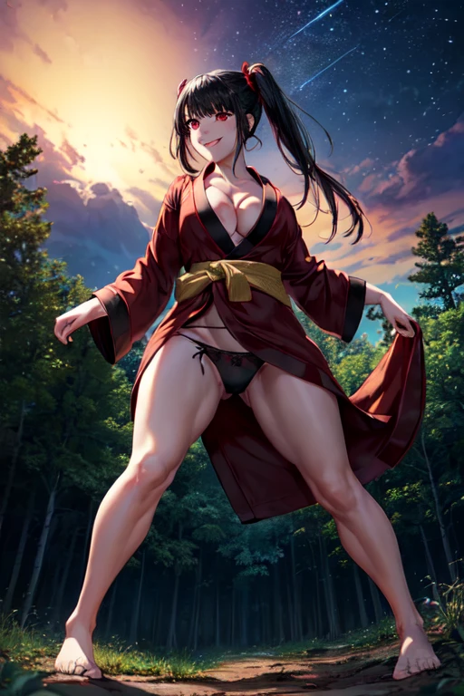 ((full body)), ((full pose)), kurumitokisaki, tokisaki kurumi, clock eyes, black hair, twintails, (red eyes:1.3), (yellow eyes:1.3), heterochromia, (medium breasts:1.3), ((wide smile:1.5)), ((red cheeks:1.4)), ribbon, ((sexy black bathrobe:1.4)), ((medium cleavage:1.4)), BREAK looking at viewer, BREAK (masterpiece:1.2), best quality, high resolution, unity 8k wallpaper, (illustration:0.8), (beautiful detailed eyes:1.6), extremely detailed face, perfect lighting, extremely detailed CG, (perfect hands, perfect anatomy), ((short-cut:1.4)), ((from down:1.4)), ((black panties:1.4)) ((squating:1.4)), ((close up:1.4)) ((Sky from below:1.5)), ((forest background:1.4)), ((night:1.5)),