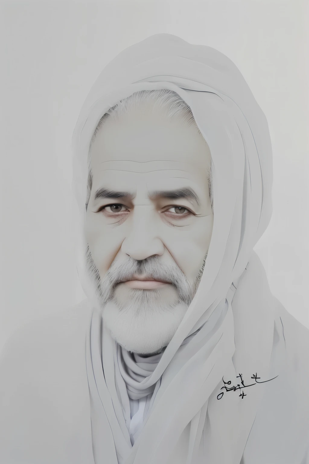 Realistic color photo, dispersed gray solid lead background, realistic color photo, 60 year old Arab man wearing white scarf, Solid gray background, An old Arab man with light brown eyes, Black beard and gray hair, Humans are in the pre-adult stage.