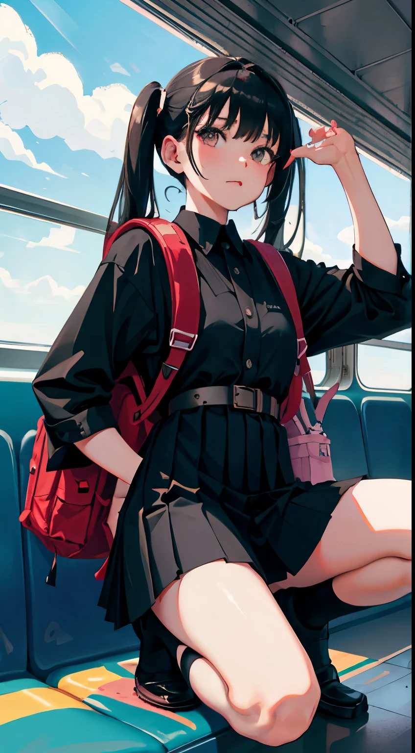crouching down,(),(masterpiece,Highest Quality),Black Rucksack,black pleated miniskirt,shortsleeves,A dark-haired,long twintail,Summer Classroom,The wind is blowing,In the train car