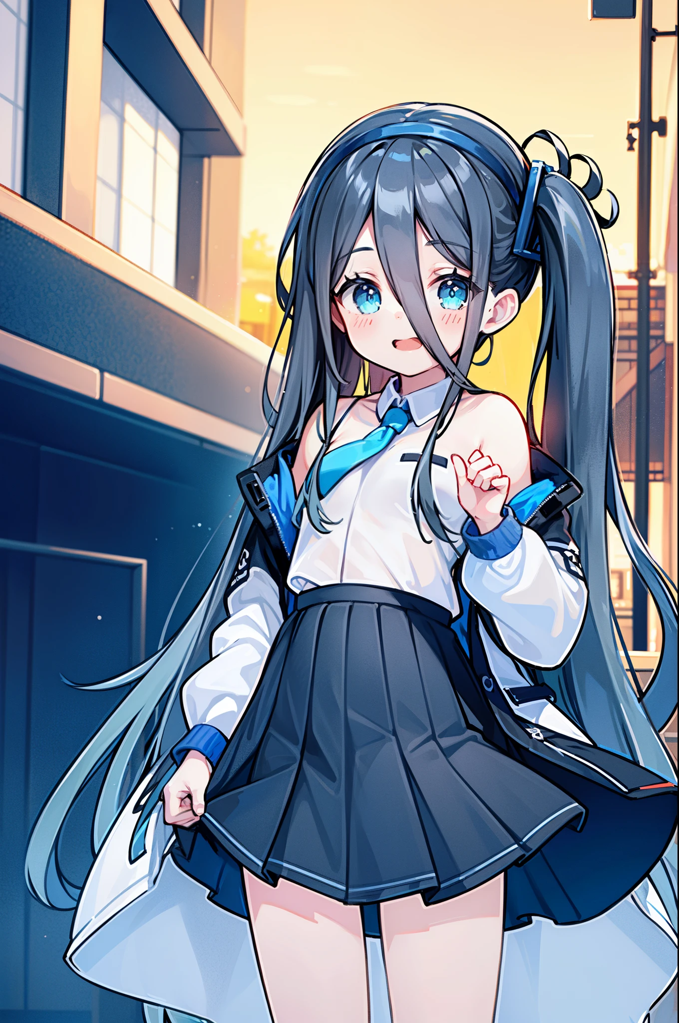 pureerosface_v1:0.66), best quality, ultra high definition, (photorealistic: 1.4), one girl, fine eyes, dark-eyed makeup, slim waist, blush, K-pop idol, (charm: 1.0), fine-eyed makeup, puffy eyes, solo, perfect anatomy, (big), (slender), (black hair: 1), (watch viewers). (original_alice), (light blue tie), (marine blue eyes), (zhuo),(alice_halo:0.7),(blue halo),(smile),(happy),(pigtails),(long hair),(long bangs),(blue archive),(black hair band),(long coat),(school uniform),(white long-sleeved shirt),(pleated skirt),(navy blue skirt), depth of field, facial details, skin luster, beautiful eyes, dark eye makeup, slim waist, blush, fine eye makeup, solo, perfect anatomy.fighting stance.clenching fists.night.room.
