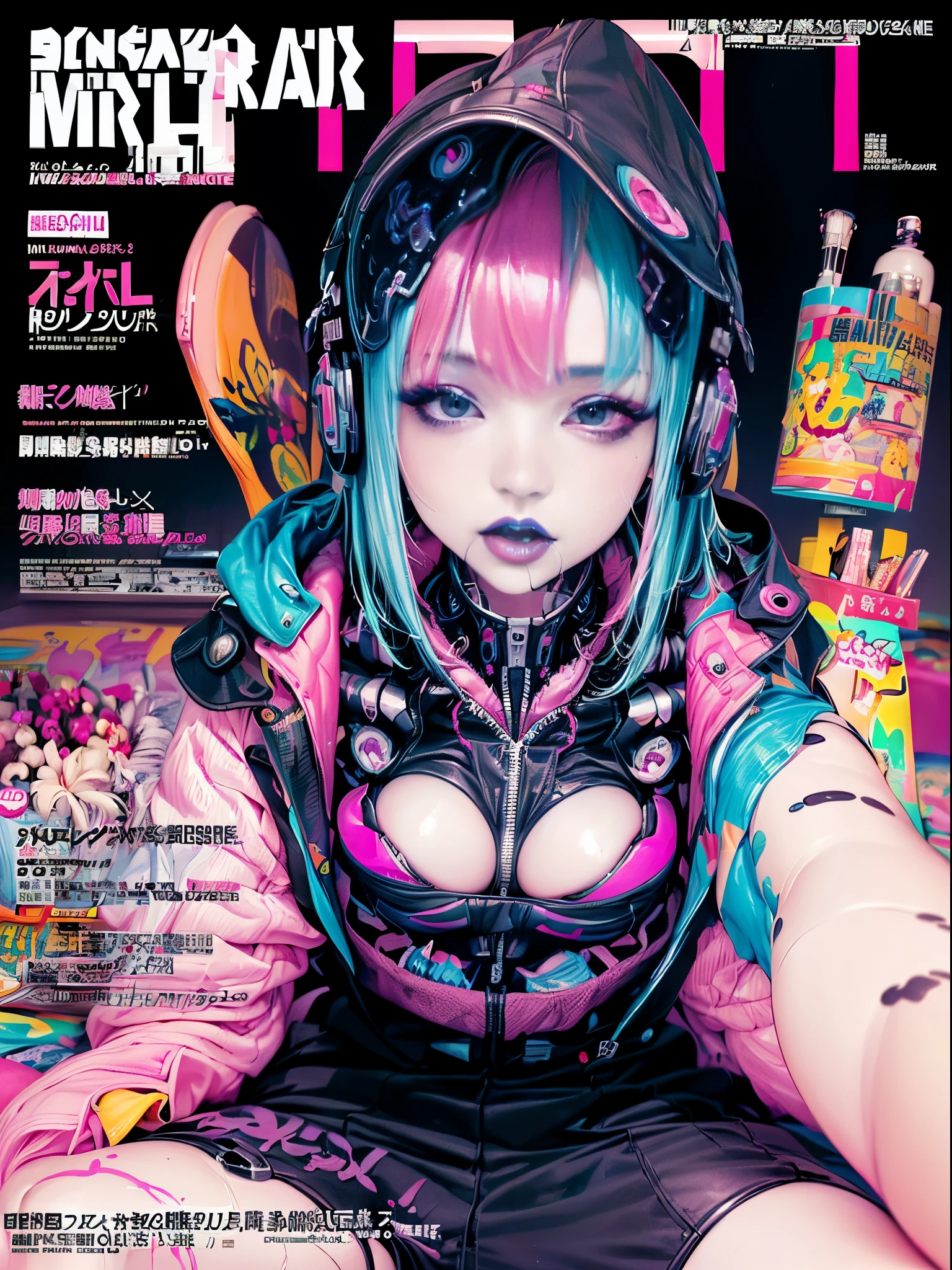 Flowing_contour biomechanical__cybernetic_airbrush___Strange__Weird__(((Japanese Harajuku style Fashion_(((colorful Magazine_cover)))__art_decor_Border)))__porcelain_and_Platinum / Futuristic Cyberpunk woman with porcelain skin, (cybernetic implants), (NSFW)