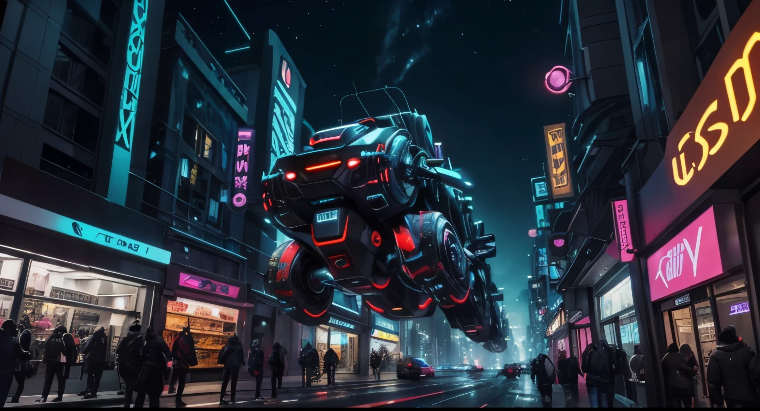 Night. A huge futuristic city. The light of gravity lights. Robots have Black Friday, a line of robots and cyborgs at the store. All creatures are detailed, realistic metal. Individual style and concept.  Grunge and cyberpunk.