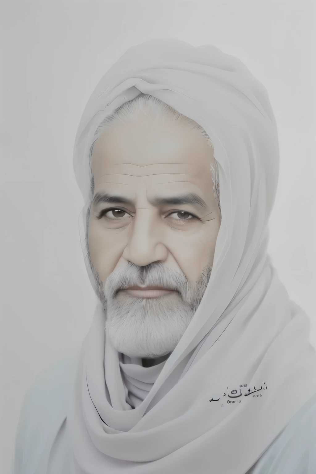 Realistic color photo, dispersed gray solid lead background, realistic color photo, 60 year old Arab man wearing white scarf, Solid gray background, An old Arab man with light brown eyes, Black beard and gray hair, Humans are in the pre-adult stage.