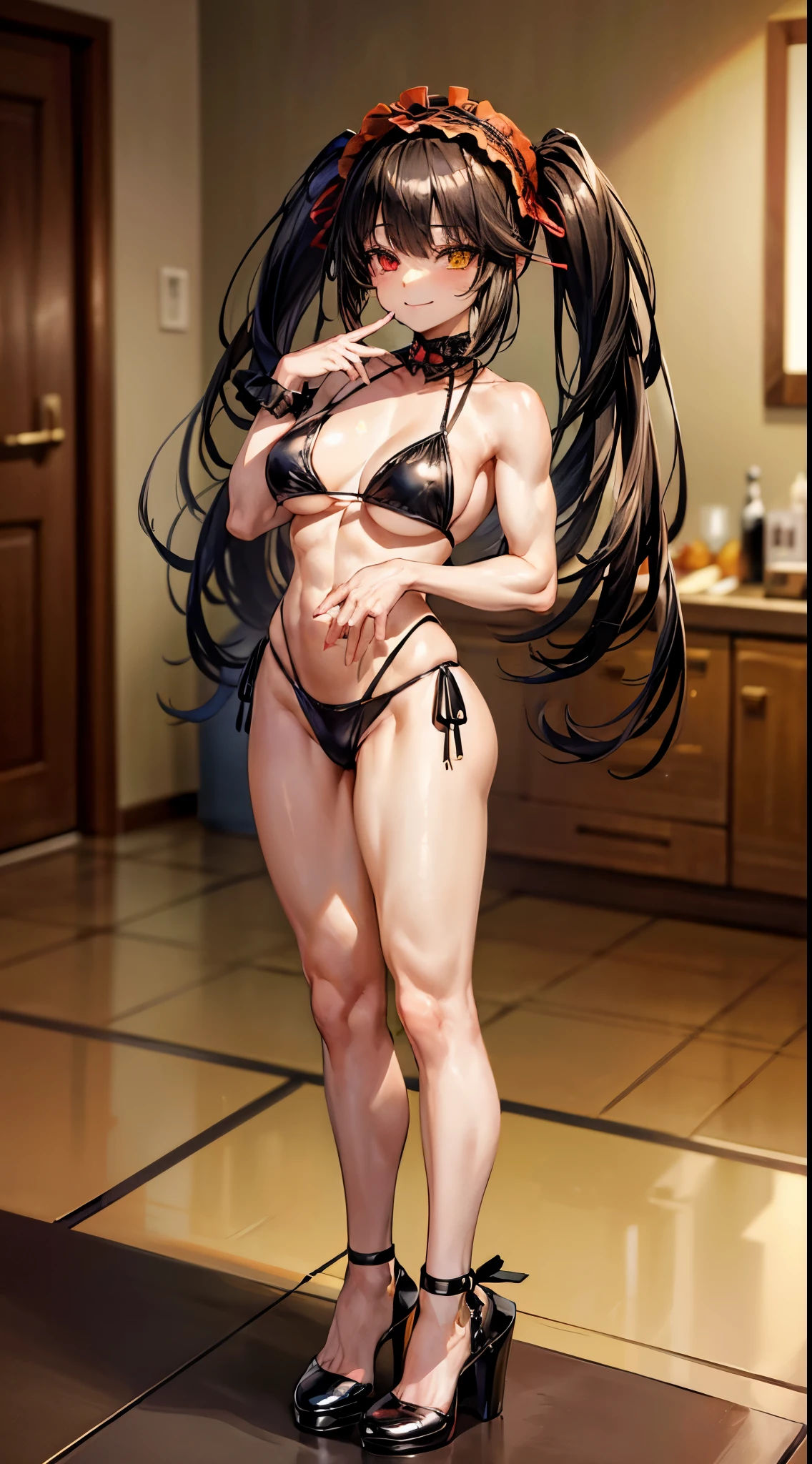 1 girl, bare shoulders, black hair, medium breasts, (muscular legs), muscular belly, wide hips, thin waist, (((clock eyes))), (wearing a very short and sexy bikini), finger to mouth, (((in the motel room))), full body, hairband, (standing looking at me sensually), heterochromia, index finger raised, black high heel shoes, ta hairband, long hair, red eyes, smiling, alone, symbol-shaped pupils, (Kurumi tokisaki), (twintails), yellow eyes,