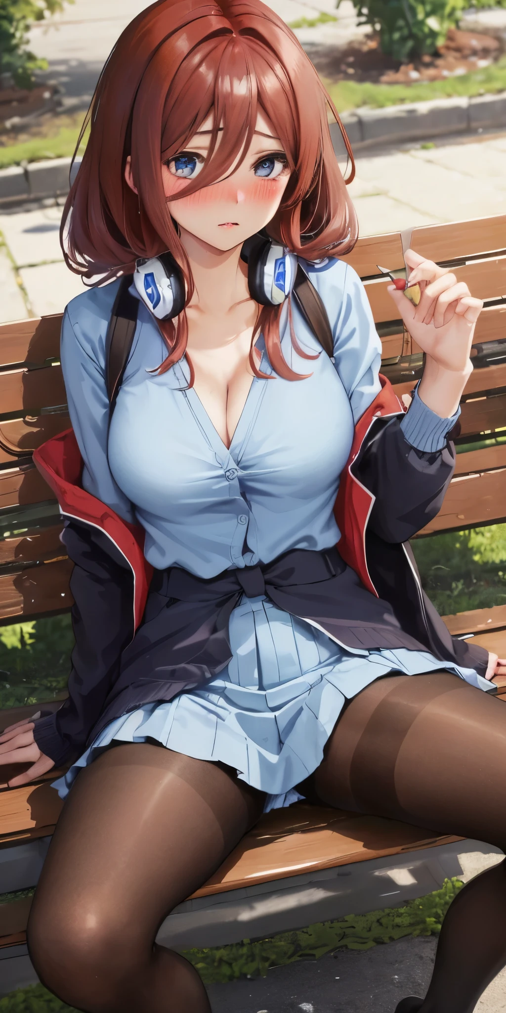 1girl in, 独奏, Nakano miku,  brown long hair, hair between eyes, headphones , pantyhose, blue cardigan, cleavage of the breast, thighs thighs thighs thighs, Cafe background, (red blush:1.3), sitting on bench, ((spread legs)), opening pantyhose