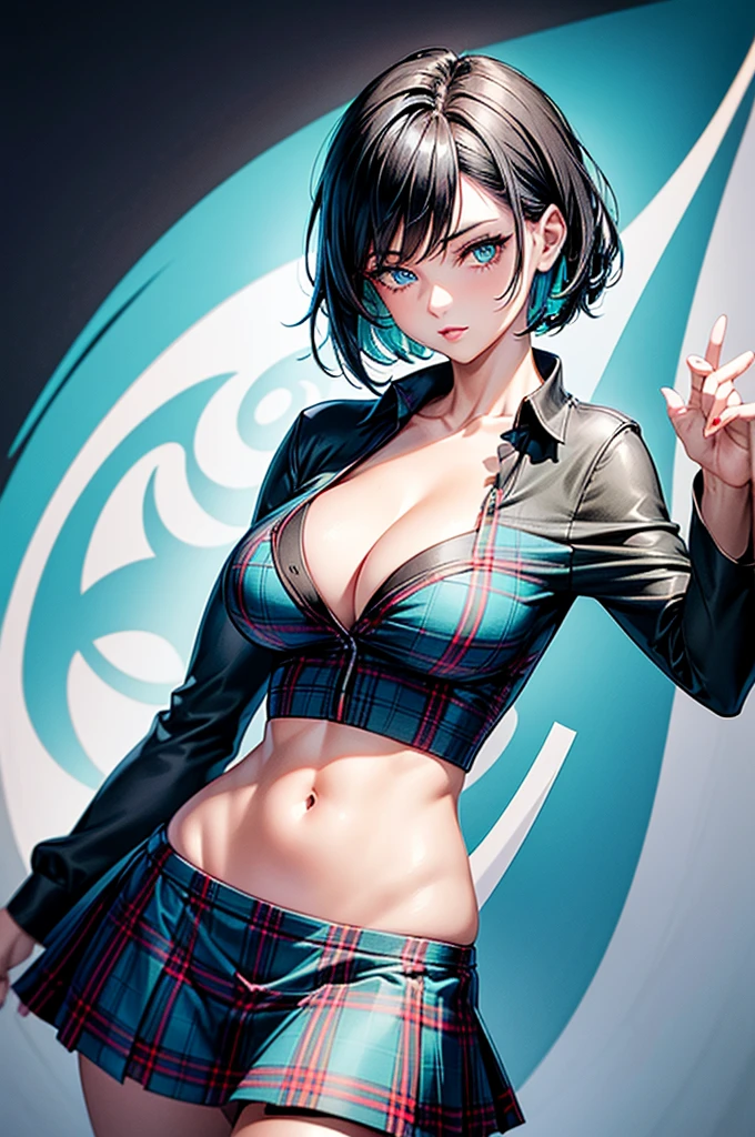 Ultra detailed illustration of a woman with short black hair, ultra detailed turquoise blue eyes, wearing a black and red plaid skirt with open legs, and a white shirt with a V-neck, ultra detailed face, with large breasts,