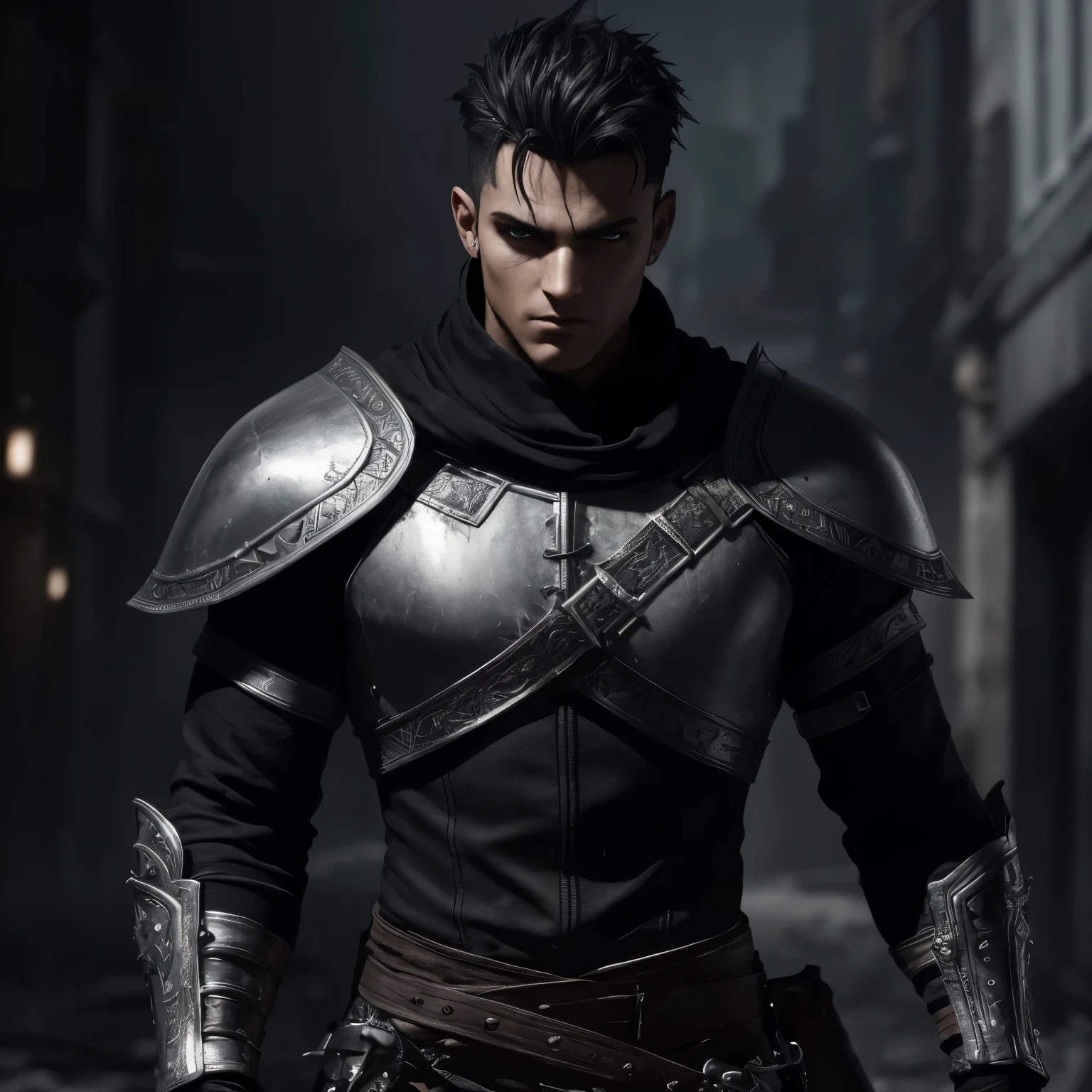 Super detail 16k ultra hd boy role-playing style super detailed face symmetrical eyes detailed marked jaw dark eyes silver armor on the chest well-detailed cracks black hair shaved to the side shabby dark clothes holding a large sword confident expression on the face full dark boots body image walking fantasy dark night rpg city background next door