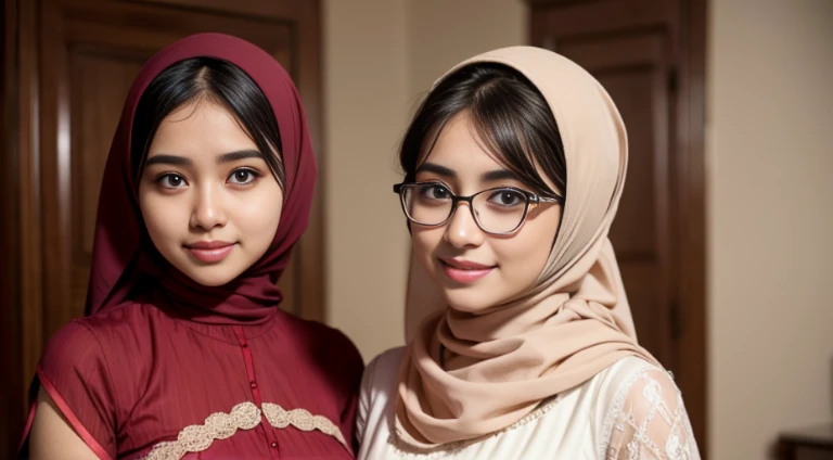 (iu:0.8).cleavage, RAW, Best quality, high resolution, Masterpiece: 1.3, two Beautiful glasses hijabi java girls wearing minidress, Masterpiece, Soft smile