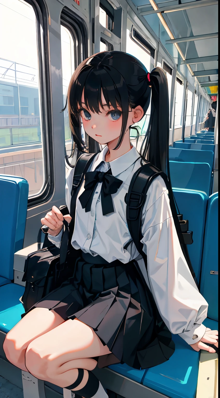 crouching down,(child),(masterpiece,Highest Quality),Black Rucksack,black pleated miniskirt,shortsleeves,A dark-haired,long twintail,Summer Classroom,The wind is blowing,In the train car