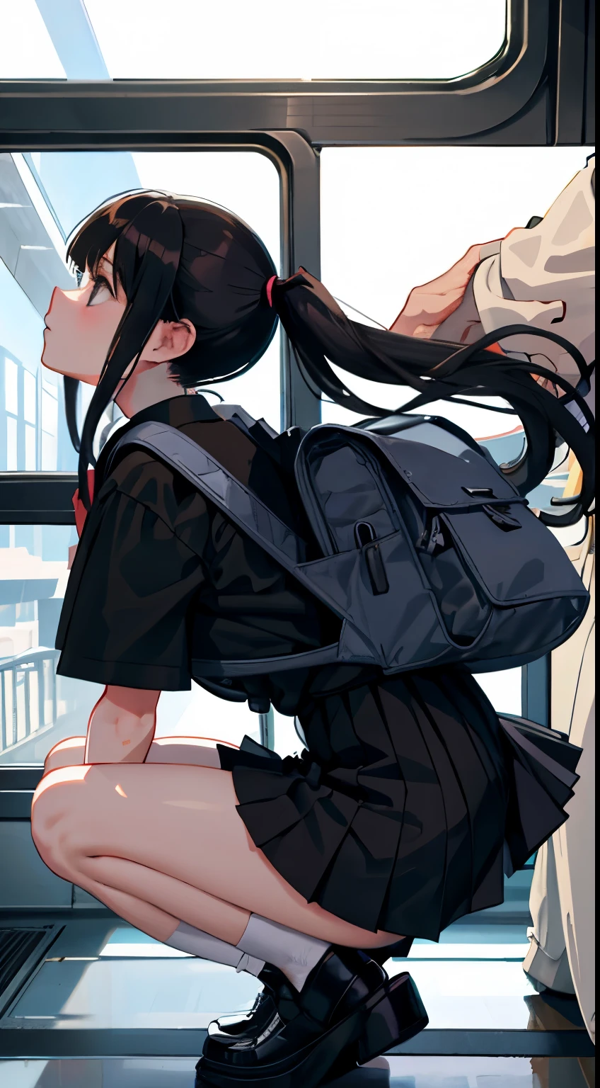 crouching down，(child)，（​masterpiece，Highest Quality），Black Rucksack，black pleated miniskirt，shortsleeves，A dark-haired，long twintail，Summer Classroom，The wind is blowing，In the train car