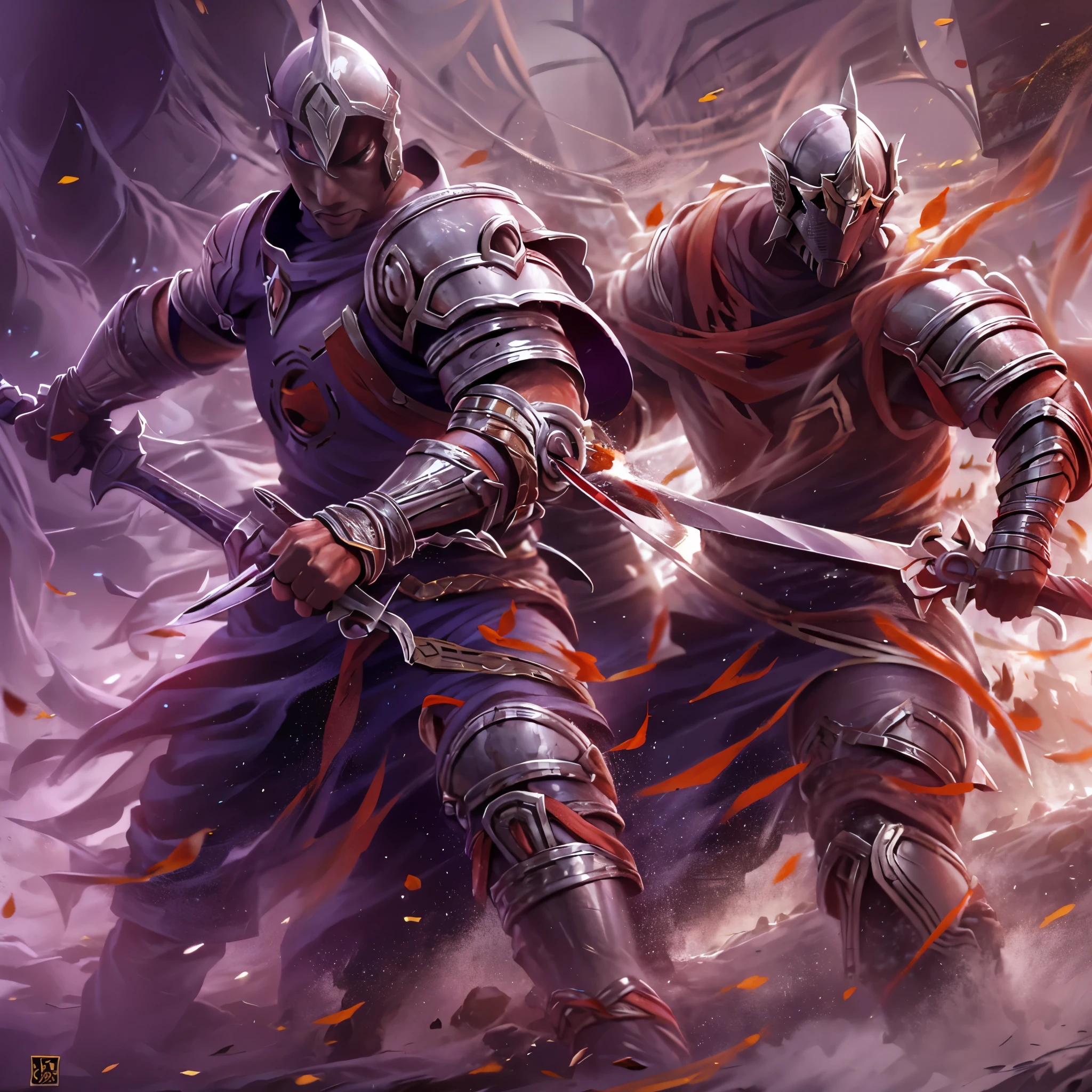 (highres:1.2),portraits,warriors,fierce battle,epic clash,medieval fight,powerful strikes,armored knight,enemy duel,blood splatters,dynamic action,sharp sword,flying sparks,heroic poses,strong muscular bodies,aggressive expressions,tense atmosphere,dust and smoke,battle scars,metal armor shining,weapon clashing,legendary warriors,adrenaline rush,combat skills,determination in their eyes,dramatic lighting,fearless fighters,war cries,battlefield covered in mist,war banners waving,vivid colors,heavy impact sounds,throwing each other,warrior's spirit,strong will to win,unstoppable force.