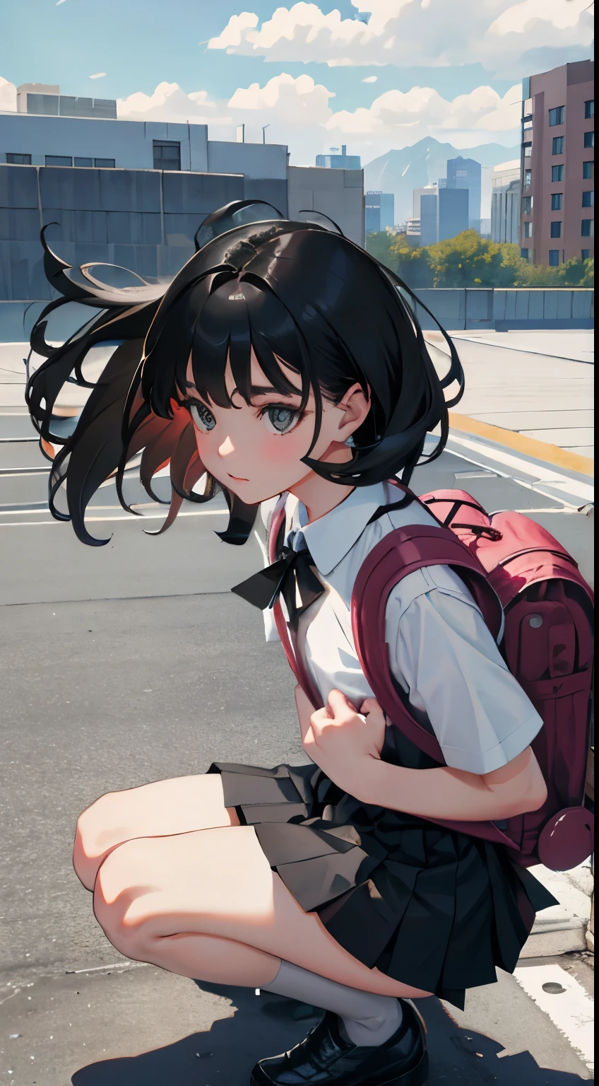 crouching down，(*****)，（​masterpiece，Highest Quality），Black Rucksack，black pleated miniskirt，shortsleeves，A dark-haired，Summer Classroom，The wind is blowing，On the rooftop