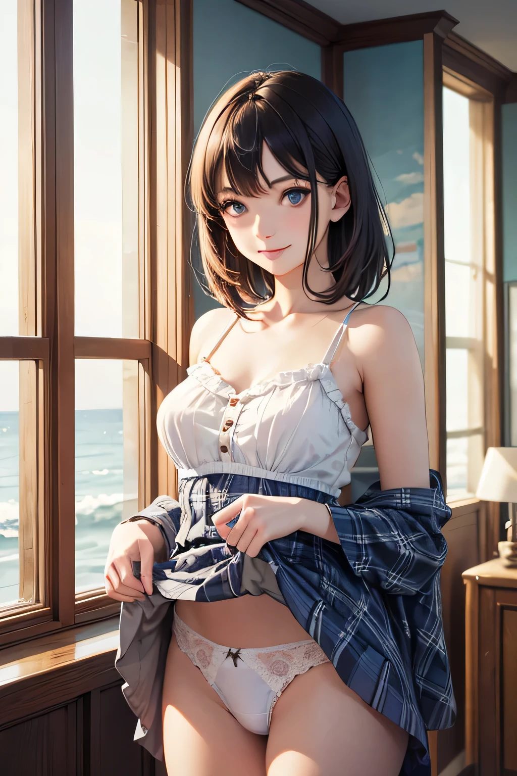 very cute and beautiful girl standing near the window,Blue plaid summer dress with detailed ruffles,Sleeveless,(Skirt lift,White panties), (very detailed beautiful face and eyes:1.2),Antique hotel bedroom with outside view,Distant trees々and the sea, Cowboy Shot,Smile,Medium Hair,Black hair,Dynamic Angle,(Best Quality,masutepiece:1.2),(Intricate details), Extremely detailed,hight resolution,1 girl,Solo,Natural lighting,light Particle,Beautiful detailed sky,(Realistic),