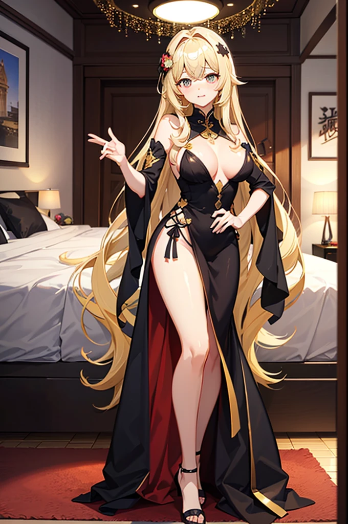1womanl,slenderlegs, looking at viewert, face to the viewer, Golden hair, white backgrounid, 独奏,(full bodyesbian:2),(Bigchest:1.2),A mother,Big breasts wife,Bedrooms,Sexy clothes,mini-skirts,Complicated details,wait on,Entertain guests,((tmasterpiece,Highest image quality,超高分辨率)),