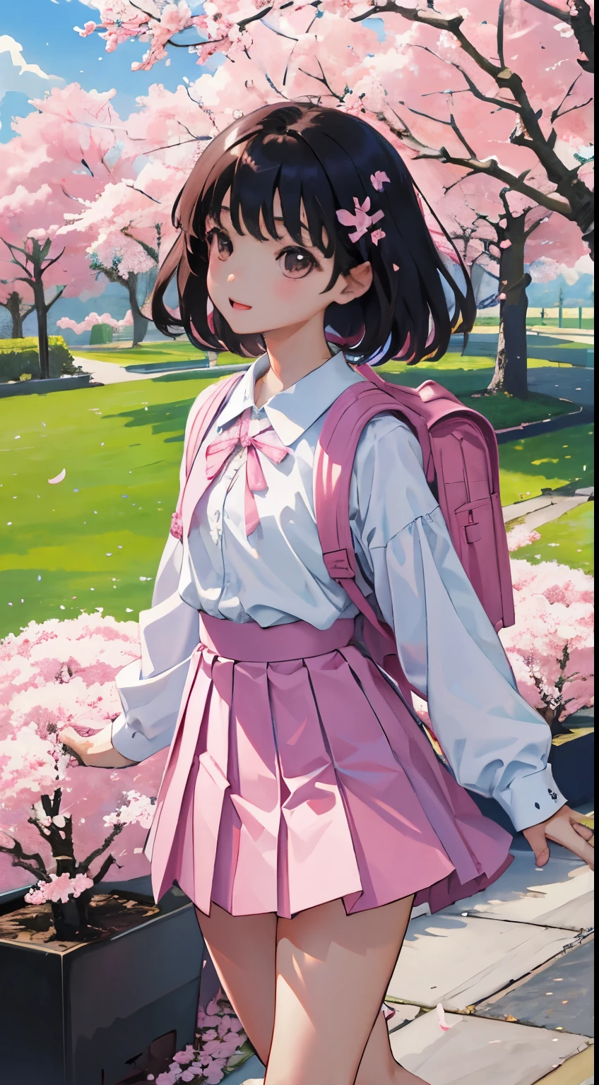 (),(masterpiece,Highest Quality),backpack,pink pleated miniskirt,shortsleeves,A dark-haired,Summer Classroom,The wind is blowing,A path lined with flourishing cherry blossom trees
