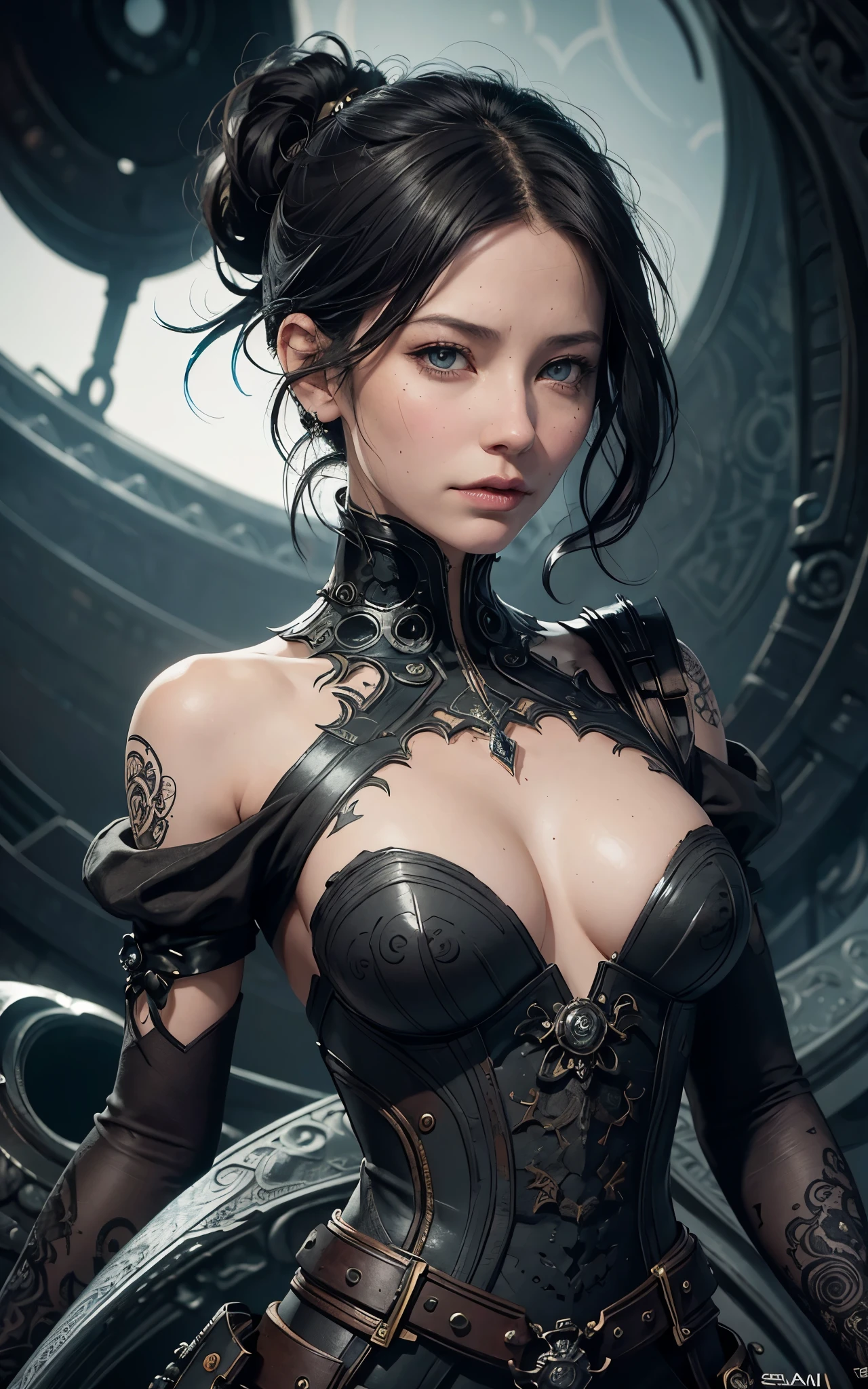 (Evangeline Lilly) is a beautiful charming woman carved out of dark smoke, dressed as a Steampunk girl in black, circular colored smoke, waves of shadows at night, abstract skull ornaments, pixie back fade haircut, soft colors, flat 4d street art in the style of adrian ghenie, esao andrews, jenny saville , edward hopper, surrealism, james jean dark, takato yamamoto, inkpunk minimalism, , detailed symmetrical brown eyes with circular iris, seamless geometric pattern harmony, luminogram, iron gall ink, art by Russ Mills, Sakimichan,, by GIlSam -paio octane rendering depicting innovation and truth, 8k, by Lee Jeffries, depth - Gs studio