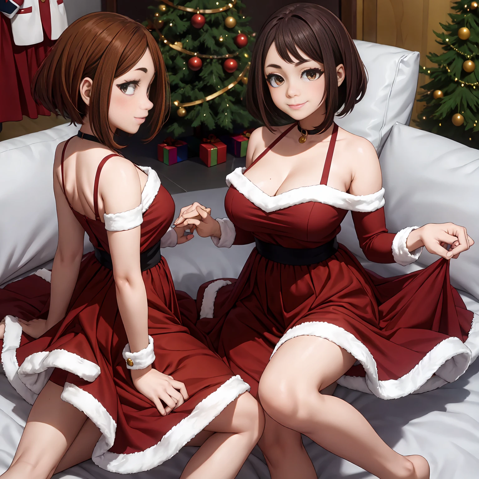 Ochaco uraraka,my hero academia, ochaco uraraka,My Hero Academia,(christmas style dress),(short dress),(shoulders showing),(red dress),(sexy dress),(anime girl),(beautiful girl),(full body),(beauty divine),(Yellow eyes, cat pupils), (smiling with the rest red)