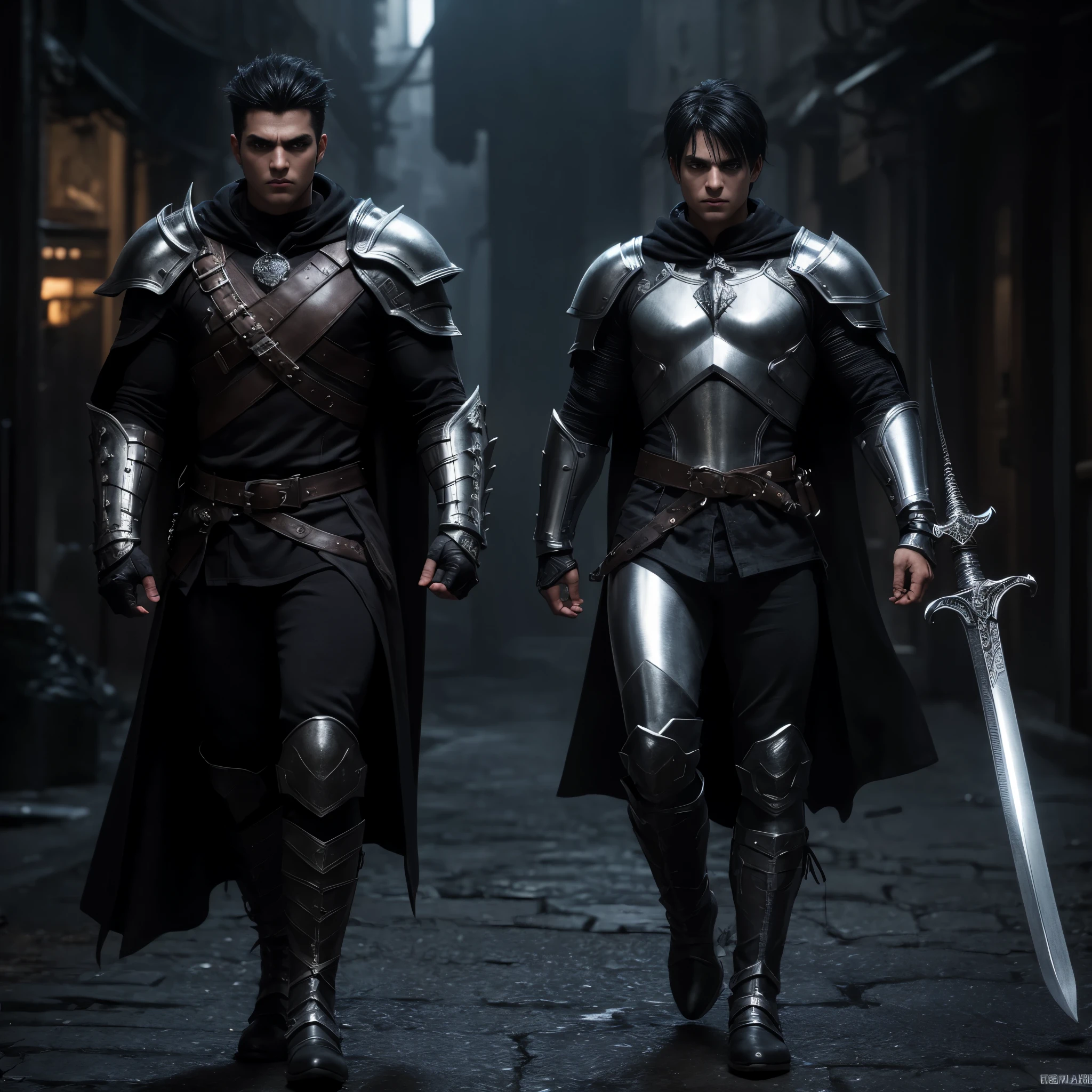 Super detail 16k ultra hd boy rpg style super detailed face detailed symmetrical eyes marked jaw dark eyes silver armor on the chest well detailed cracks black hair shaved on the side shabby dark clothes holding a large sword confident expression on the face dark boots full body image walking forward fantasy dark night rpg city background