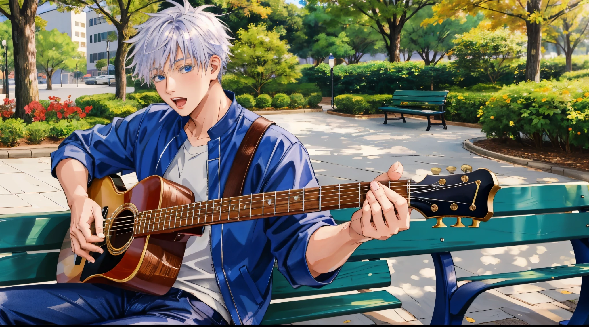 Satoru Gojo,white colored hair,Short hair,Hair between the eyes,blue eyes,colored eyelashes,opened mouth,plays the guitar in the park on a bench