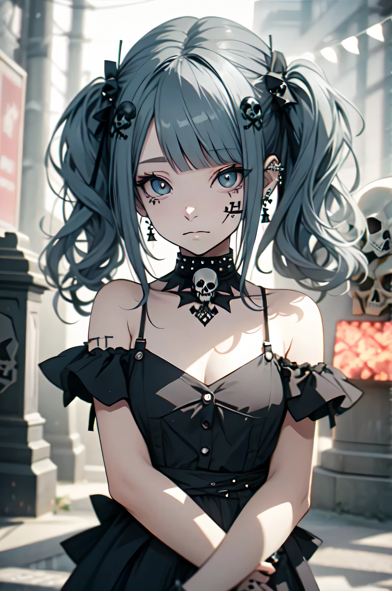 hair adornments、piercings、tattoo、benefit_punk, 1人のgirl with, Solo,、top-quality, Photorealista, Ultra-thin illustration, 美しい魅力的なアニメのgirl with,(minidress:1.4), miku hatsune, Slim body, Tied hair, girl with, girl withの写真, FULL BODYSHOT, A beautiful Blue eyes:1.4, transformation,arrested、hair adornments、jewely、miku hatsune、(Fondosculite Cemetery:1.4), Unreal Engine:1.4,nffsw,best qualtiy:1.4, Photorealista:1.4, Skin texture:1.4, masterpiece:1.8,(Detailed:1.4),