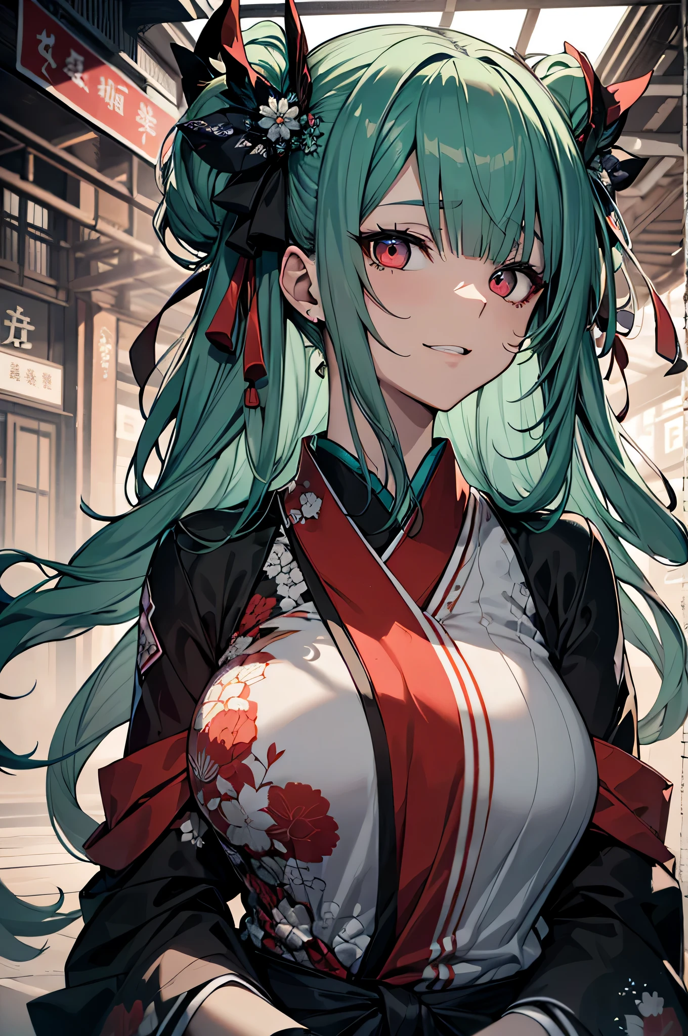 dead body、Blood everywhere、blood splashing、dark hue、Red hue、Japanese dress、Kimono Dresses、long、miku hatsune、Green hair、Twin-tailed、Ahegao ( Silly / Sexual ecstasy)、Cross-eyed、Stranger、View other people、Blunt bangs、 over-kneehighs,Ahegao , Silly,Sexual ecstasy,Drunken eyes,Blunt bangs, Green hair,(masutepiece:1.2, Best Quality), (finely detailed beautiful eye: 1.2), (Detailed background,Dark Fantasy), (beautifull detailed face), High contrast, (Best Illumination, extremely delicate and beautiful), ((Cinematic Light)), Colorful, Hyper Detail, Dramatic light, Intricate details,