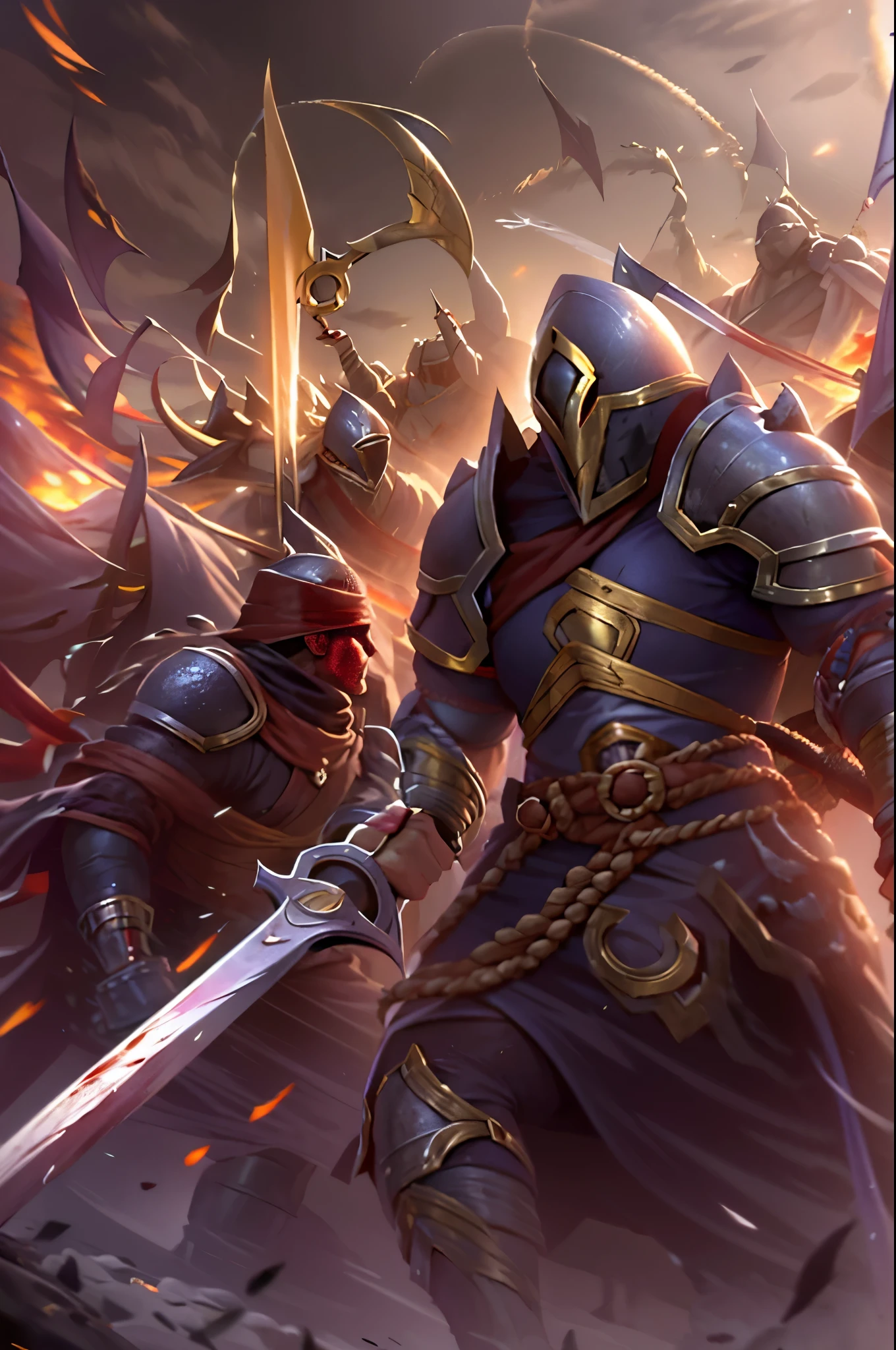 (highres:1.2),portraits,warriors,fierce battle,epic clash,medieval fight,powerful strikes,armored knight,enemy duel,blood splatters,dynamic action,sharp sword,flying sparks,heroic poses,strong muscular bodies,aggressive expressions,tense atmosphere,dust and smoke,battle scars,metal armor shining,weapon clashing,legendary warriors,adrenaline rush,combat skills,determination in their eyes,dramatic lighting,fearless fighters,war cries,battlefield covered in mist,war banners waving,vivid colors,heavy impact sounds,throwing each other,warrior's spirit,strong will to win,unstoppable force.