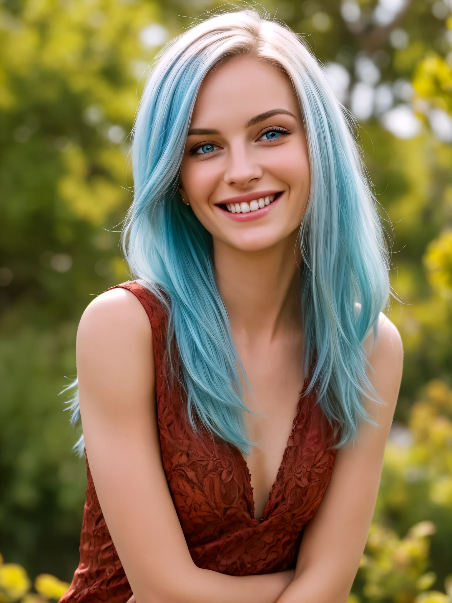 (Realistic:1.5), A highly detailed photo of a stunningly beautiful young woman in a minuscule clothes. Long rusty-cyan colored hair blowing in the wind . Dazzling and glowing orange-red eyes, (freckles:0.3), cute sexy, Mouth smiling wide with joy. Leaning towards the camera with arms crossed playfully behind her back. Free-spirited persona. Looking directly at the camera and winking