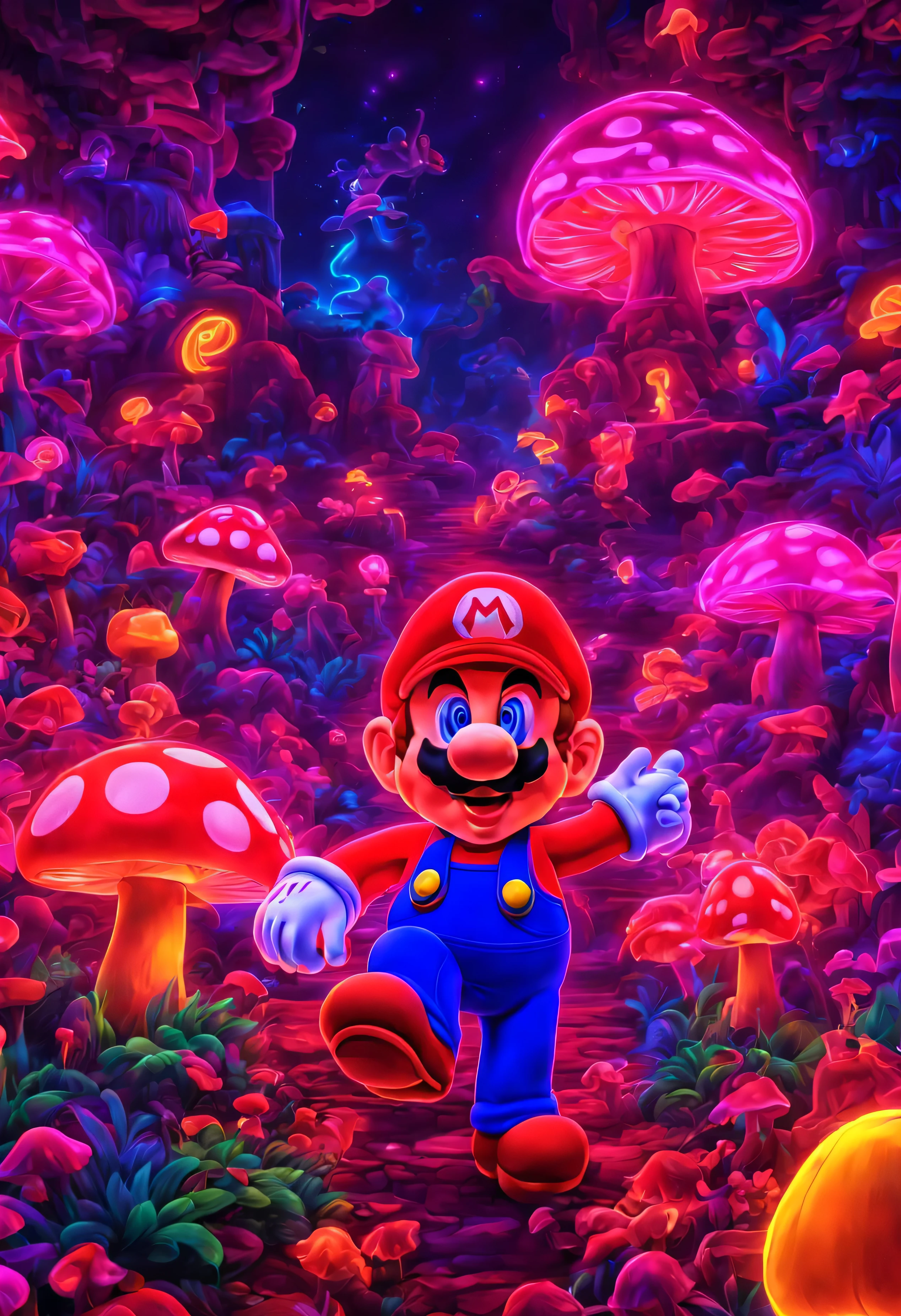 (neon,supermario,8k,great quality,superb image without distortion,masterpiece:1.2,psychedelic colors,fantasy world,highly detailed,walking mushrooms)