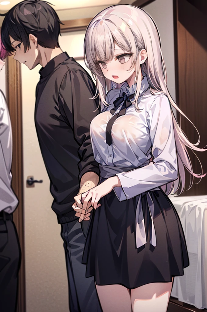 Perfect human body、1 boy,1 girl、A couple、heterosexuality、 NSFW, ((actual, Bedrooms)), (very highly detailed background), (((Stand next to the girl、Man puts his hands on girl&#39;s waist))),  Oversized white T-shirt、mini-skirts、鎖骨,Oversized chest， Convex milk，((woman with fever)), ((perspiring,steamy,Upper grades))), 、mini-skirts、((The expression of coloce flushed), 大男子气概的男人Stand next to the girl、looking at viewert,