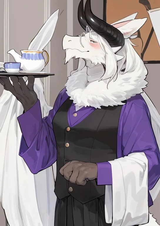 ((wearing aristocrat robe)), commission for high res, fullbody commission for, furaffinity commission, professional furry drawing, fursona furry art commission, commission on furaffinity, pov furry art, (sfw) safe for work, very very beautiful furry art, furry art!!!, fursona commission, (masterpiece, best quality:1.2), man, solo, dragon, white fluffy fur dragon, big white fluffy fur ears that drooped back, fur body, big black horn, dilf, old man, old, grandpa, really old man, (about 70 years old), huge, tall, daddy, legs, tail, white bangs, white beard, beard above mouth, looking pleasured, sexually, sexy pose, long white hair, hairy, skinny body, slim, thin, (male anthro dragon:1.3), (white body:1.1), huge pecs, look at view, detail hands, butler, butler outfit, suit, shirt, pant, very detail, look at view, first person view, wearing glasse, by bebebebebe, by syuro, hand holding a tea tray