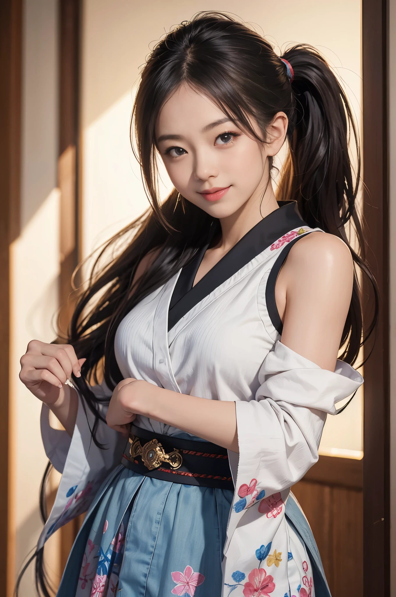Sleeveless, Ponytail, Japan Girls, 8K, RAW Photos, Top Quality, Masterpiece, Realistic, Photorealistic Super Detail, One Girl, Cute, Best Smile, Beautiful Eyes, Long Hair, Perfect Facial Features