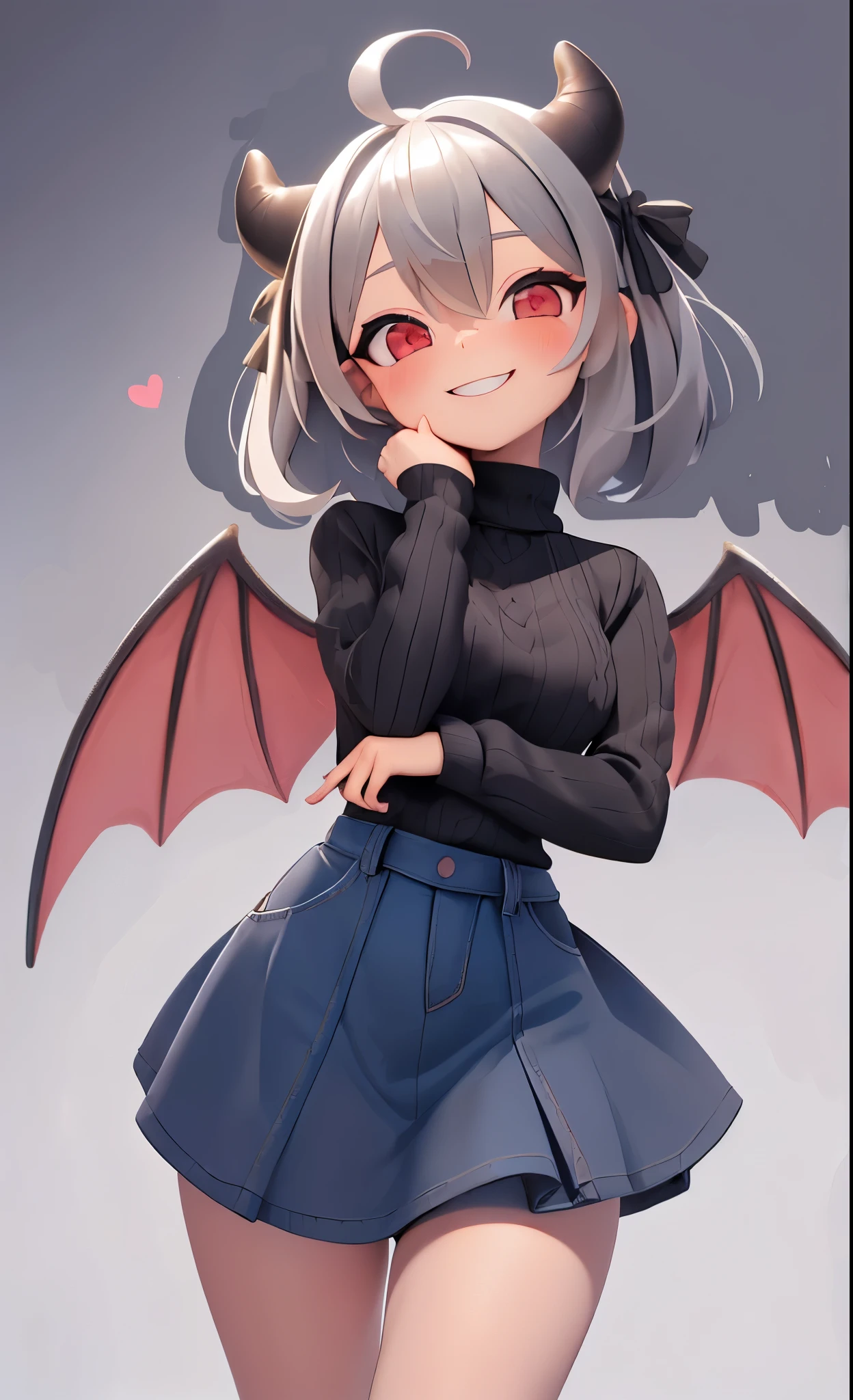 Pixar, 1girl in, (short silver hair:1.5), Eyes are red, Reaching out:1.5, blush, (Ahoge:1.2), eyes gentle, (A smile:1.2), Hair Bow, (Black devil wings and tail grow:1.3), Black sheep horns grow, (Black knitted sweater:1.5), (Denim Long Skirt:1.3), 独奏, Bangs, femele, Upper body