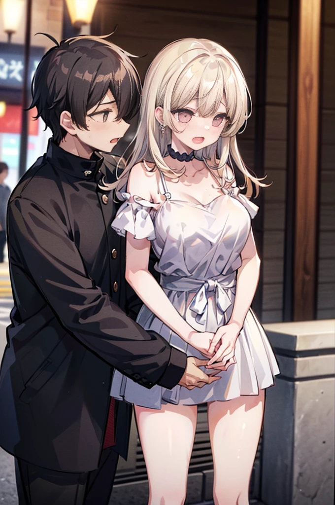 Perfect human body、1 boy,1 girl、A couple、heterosexuality、 NSFW, ((street)), (very highly detailed background), (((Stand next to the girl、Man puts his hands on girl&#39;s waist))),  Oversized white T-shirt、mini-skirts、鎖骨,Oversized chest， Convex milk，((woman with fever)), ((perspiring,steamy,Upper grades))), 、mini-skirts、((The expression of coloce flushed), 大男子气概的男人Stand next to the girl、looking at viewert,