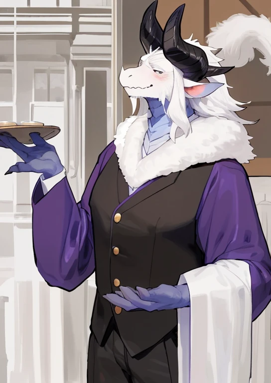 ((wearing aristocrat robe)), commission for high res, fullbody commission for, furaffinity commission, professional furry drawing, fursona furry art commission, commission on furaffinity, pov furry art, (sfw) safe for work, very very beautiful furry art, furry art!!!, fursona commission, (masterpiece, best quality:1.2), man, solo, dragon, white fluffy fur dragon, big white fluffy fur ears that drooped back, fur body, big black horn, dilf, old man, old, grandpa, really old man, (about 70 years old), huge, tall, daddy, legs, tail, white bangs, white beard, beard above mouth, looking pleasured, sexually, sexy pose, long white hair, hairy, skinny body, slim, thin, (male anthro dragon:1.3), (white body:1.1), huge pecs, look at view, detail hands, butler, butler outfit, suit, shirt, pant, very detail, look at view, first person view, wearing glasse, by bebebebebe, by syuro, hand holding a tea tray